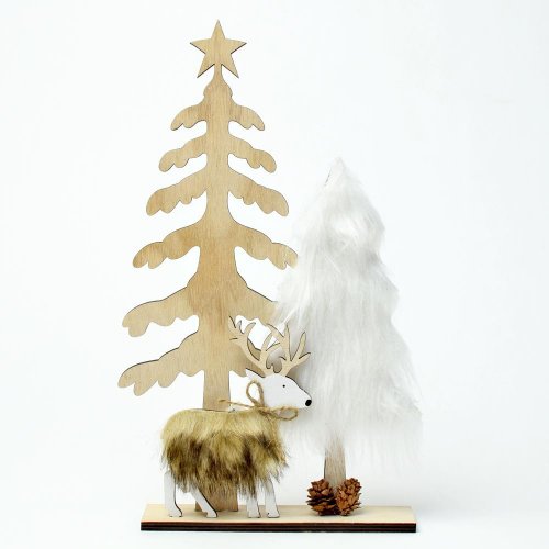 Stromy s kožušinou drevo natur/biele 20x4,5x34cm