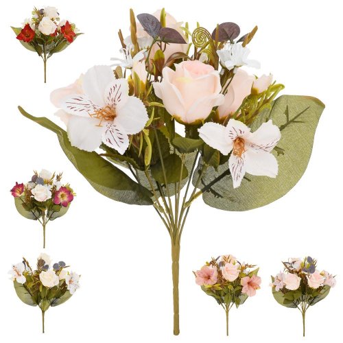 Kytica ruža, alstromeria, drob. kvety, zeleň 6f 36cm