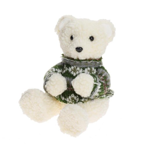 Medveď sediaci biely, zel sveter, polyst/textil 16*15*19cm - Vianočné dekorácie