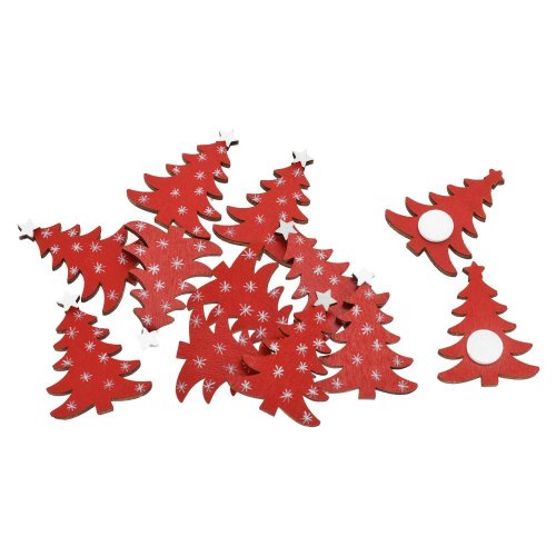 Stromček červený lepiaci, drevo, s/12 3*4cm - Vianočné dekorácie