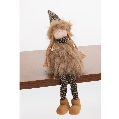 Dievča sediace hne/béž textil 26cm - Vianočné dekorácie