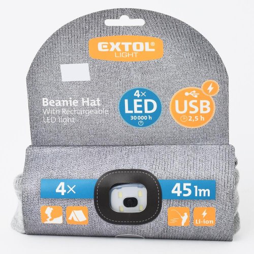 Pevnácenačiapka s čelovkou, sivá 4x led,45lm, 300amh usb nabíjanie