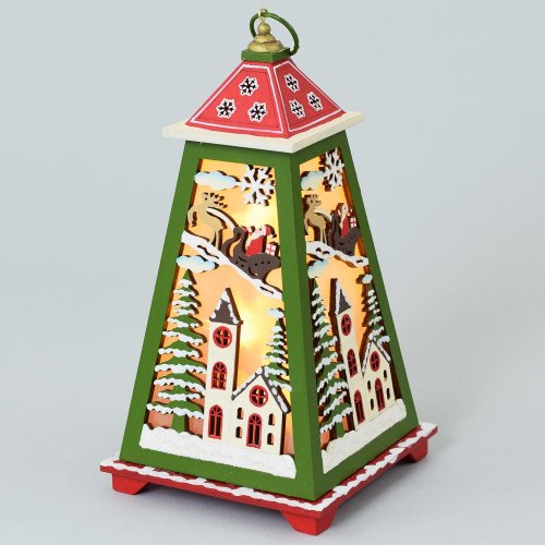 Drev.lampáš zelený+santa 14x14x27,5cm