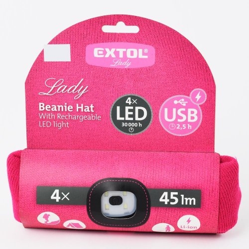 Pevnácenačiapka s čelovkou, ružová 4x led,45lm, 300amh usb nabíjanie