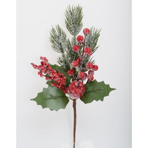 Zápich čečina, jablko, čer. bobule zasnežené 28cm - Umelé kvety