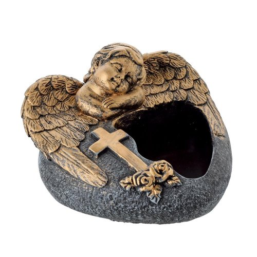 Obal srdce anjel cement sivo zlatá 16x17.5x11cm