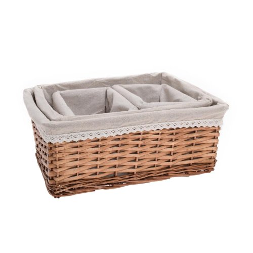 Prút. košík s/3 obdĺžnik hnedý biela látka 40x30x16cm + 34x24x14cm + 18x14x12cm