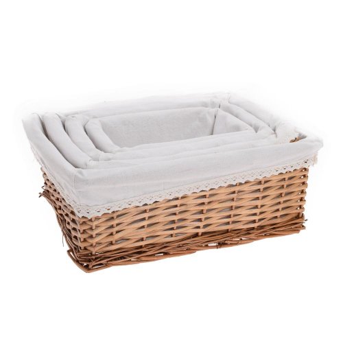 Prút. košík s/4 obdĺžnik sv.hnedý   biela látka 40x30x16cm + 23x15x10cm + 34x24x14cm + 28x18x12cm