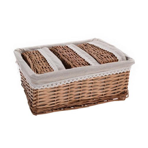 Prút. košík s/2 obdĺžnik sv.hnedý  biela látka 40x30x16cm + 24x16x11cm