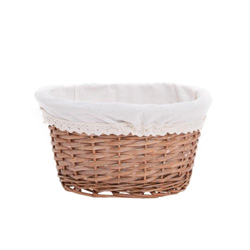 Prút. košík ovál šedý biela látka 29x23x15cm