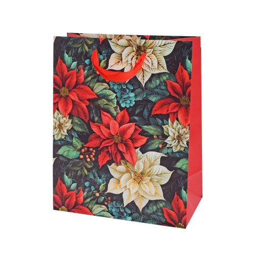 Taška vianočná výška 25 × 20+10 cm poinsettia on black