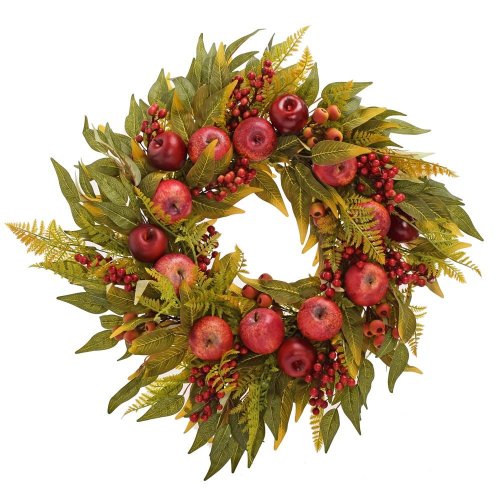 Veniec lístie,jablká, plody zel/čer 66cm - Jesenné dekorácie