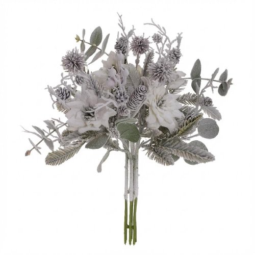 Kytica poinsetia bie.,čečina,zeleň,šišky,zasnež. 45cm - Umelé kvety