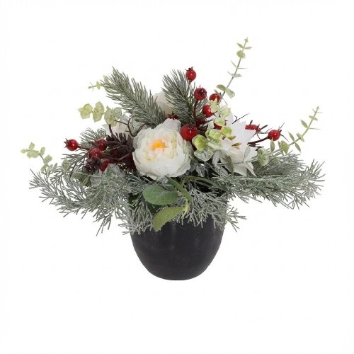 Kvetináč pivonky,poinsetie bie.,čečina,zeleň 20cm - Umelé kvety