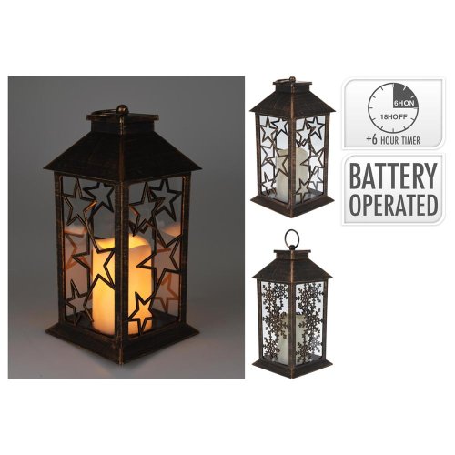 Led lampáš so sviečkou hviezdičky 23 cm čierny/časovač - Vianočné dekorácie