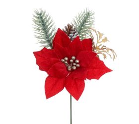 Vianočná ruža červená s čečinkou a šiškou 20cm