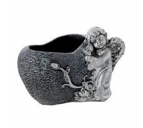 Obal srdce anjel cement sivo strieb. 15.5x13x12.5cm