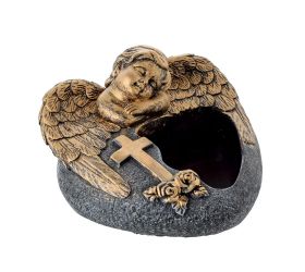 Obal srdce anjel cement sivo zlatá 16x17.5x11cm