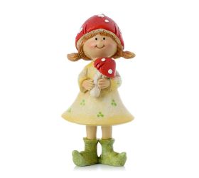 Dievča/chlapec žlt/zel s čer. klobúkom a muchotrávkou poly 5.5*4.5*14