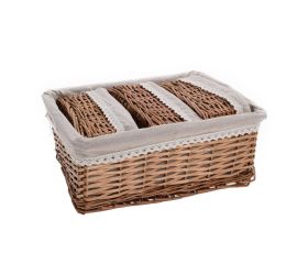 Prút. košík s/2 obdĺžnik sv.hnedý  biela látka 40x30x16cm + 24x16x11cm