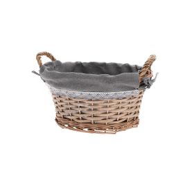 Prút. košík ovál šedý s rúčkou šedá látka 29x23x15cm