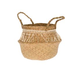 Rattanowy kosz z frędzlami, naturalny, 27 × 17 cm